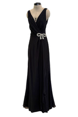 Beautiful 2000s Valentino Roma Black Bias Cut Silk Chiffon Dress w Front & Back Plunge & Silver Sequin Bow