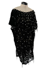 Rare 1980s Jan Faulkner Hand Made Black Suede Cut Out Mini Dress w Pearls & Fringe