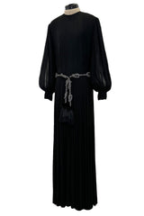 Gorgeous 1960s James Galanos Meticulously Pleated Black Silk Chiffon Dress w Elaborate Belt