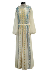 1970s Lanvin by Jules-Francois Crahay Couture Ivory Silk Chiffon & Floral Silk Ribbon Dress