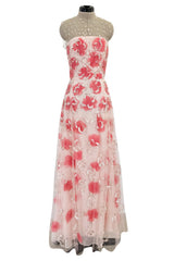 Dreamy 2000s Oscar de la Renta Pink Net & Floral Silk Dress w Bead & Flower Sequin Detailing