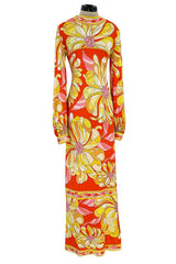 Gorgeous 1960s Emilio Pucci Brilliant Citrus Coloured Silk Jersey Dress w Huge Floral Print
