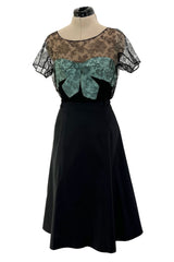 Rare 1950s Irene Lentz Black Silk Taffeta Dress w Pale Blue Ribbon & Lace Illusion Bodice