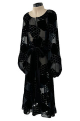 Fantastic Early 1970s Miss Dior Black Silk Velvet Fused Onto Black Transparent Silk Chiffon Dress