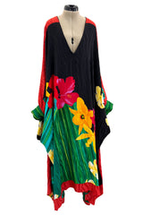 Fabulous 1980s Pauline Trigere Scarf Weight Silk Huge & Brillaint Coloured Floral Printed Caftan Dress