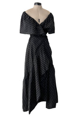 Dreamy 1981 Halston White Embroidered Dot on Black Wrap Off Shoulder Dress w Caped Neckline