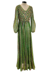 Exquisite 1960s James Galanos Metallic Green & Gold Silk Dress w Heavily Beaded Bodice