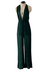 Incredible circa 1973 Halston Couture Green Silk Chiffon Backless & Plunging FrontJumpsuit