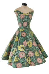 Gorgeous 1950s David Hart Organza Covered Cotton Floral Print Dress w Sequin Detailing