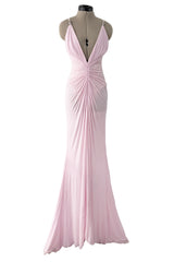 2005 Roberto Cavalli Pale Pink Silk Jersey Plunge Dress w Trained Back