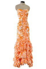 Exceptional Spring 2004 Oscar de la Renta Runway Printed Silk Chiffon Dress w Ruffle Skirt