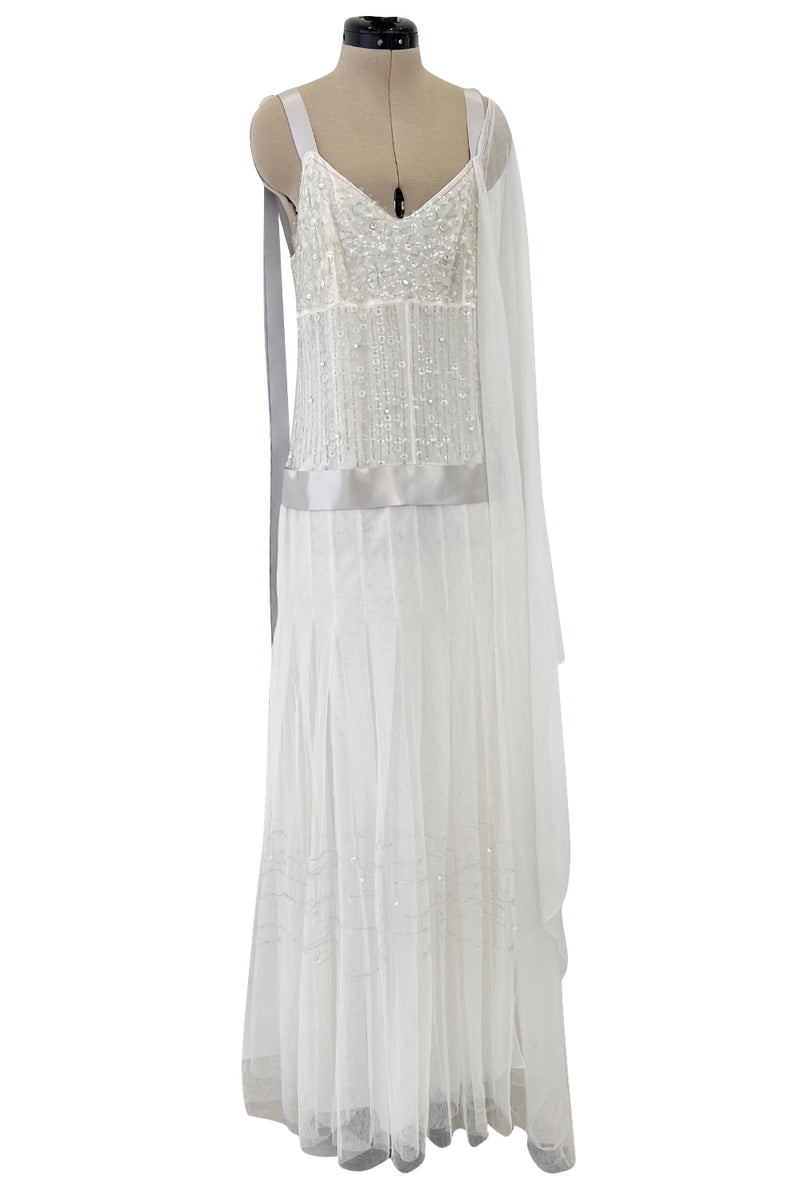 Stunning 2005 Chanel by Karl Lagerfeld White Sequin Detailed & Silk Tulle Dress w Ribbon Detail