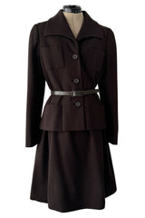 Chic 1960s Norman Norell Deep Brown Skirt & Jacket Suit Set w Belt & Hand Written Tag