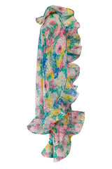 Beautiful 1980s Pierre Cardin Haute Couture Silk Chiffon Pastel Floral Ruffled Strapless Dress & Cape