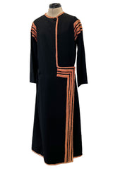 Fabulous 1920s Unlabeled Black Wool & Deep Orange Coral Raffia Trim Flapper Coat or Dress