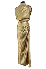 Iconic Fall 1991 Yves Saint Laurent Runway Slinky Gold Lame Dress w Gold Button Details