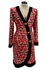Spectacular Fall 1990 Givenchy Red Silk Organza Button Dress w Sequins & Velvet Trim &