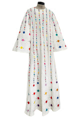 Fantastic 1960s Unlabeled White Cotton Hand Embroidered Mexican Caftan Dress