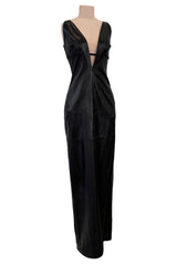 Exceptional Fall 2000 Richard Tyler Couture Plunging Front & Open Back Sculpted Black Ultrasoft Leather Dress