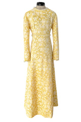 Prettiest 1960s Yves Saint Laurent Stoffler Fabrics Yellow Brocade Dress w Clear Beads