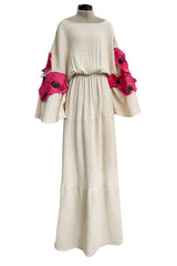 Gorgeous 1970s Unlabeled Raw Natural Cotton Dress w Huge Pink Floral Appliques