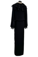 Beautiful 1970s James Galanos Couture Black Silk Chiffon Bias Cut Dress w Removeable Ruffled Collar