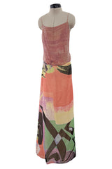 Prettiest Spring 2000 Giorgio Armani Runway Dusty Pink Beaded Halter Top & Silk Chiffon Skirt Set