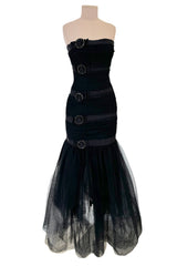 Spring 1987 Yves Saint Laurent Strapless Dotted Silk Net Dress w Rhinestone Detail & Full Lower Skirts