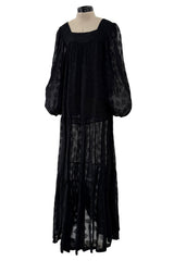 Chic c.1973 Yves Saint Laurent Black Gauzy Feeling Silk Chiffon Dress w Pattern & Full Sleeves