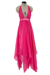 Recent Givenchy Vivid Silk Pink Chiffon Halter Dress w Completely Open Back & Multi Length Hem