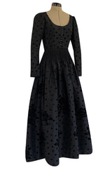 Fall 1974 Louis Mies Couture YSL Silk Taffeta Dress w Hand Embroidered Velvet Rose Detail