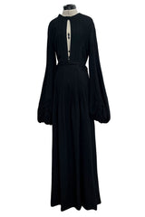 1971 Ossie Clark Couture "Come Fly With Me" Black Moss Crepe Open Back Wrap Dress w Huge Sleeves