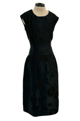 Amazing 1960s Unlabelled Christian Dior by Marc Bohan Black Silk Brocade Shift Dress w Floral Pattern