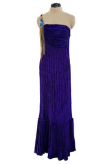Fall 1982 Mary McFadden Purple Pleated Dress w Elaborate Beaded Gold Cord Shoulder
