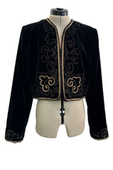 Fantastic 1970s Yves Saint Laurent Cropped Boc Cut Black Velvet Jacket w Metallic Gold Cord Detailing