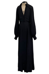 1969 Ossie Clark Bishop Sleeve Black Moss Crepe Dress w Button Front & Dog Ear Collar