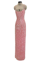 Prettiest 1980s Oleg Cassini Pink Silk Dress Covered in Iridescent Sequins w Silver Tube Bead Detailing & Trim