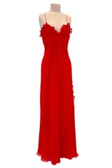 Magical 1990s Bill Blass Perfectly Minimalist Bias Cut Red Silk Chiffon Dress w Tiny Ruffle Detailing