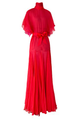 1970s Giorgio Sant'Angelo Red Silk ChiffonDress w Pink Silk Chiffon Lining & Prettiest Gusset Skirt