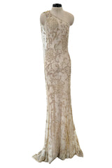 Exquisite Spring 1993 John Anthony Hand Beaded One Shoulder Dress on Pale Gold Silk Net