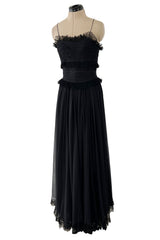 Prettiest 1992 Chanel by Karl Lagerfeld Black Silk Chiffon Dress w Black Lace Detailing