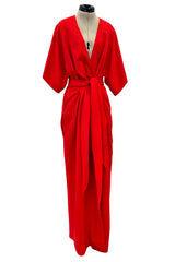 Fabulous 1970s Halston Wrap Plunge Red Full Length Dress w Wide Sleeves & Original Sash