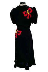 Gorgeous 1940s Unlabeled Black Crepe Dress w 3D Floral Detailed Bright Red Bow Appliques
