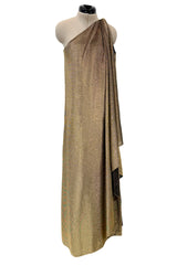 1978 Halston One Shoulder Draped Gold Metallic Jersey Dress