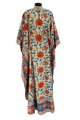 Prettiest 1960s Hand Block Printed Coral Blue & Ivory 100% Cotton Full Caftan w Front Belt