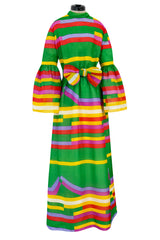 Spectacular 1968 Bill Blass Bright Striped Silk Organza Dress w Original Bow Belt & Bell Sleeves
