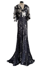 Outstanding Fall 2010 Alexander McQueen Gray Scale Print Silk Dress w Caped Sleeves & Trained Skirt