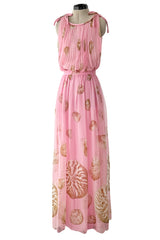 Romantic Spring 1974 Valentino Documented Pink Silk Chiffon Dress w the Iconic Shell Print