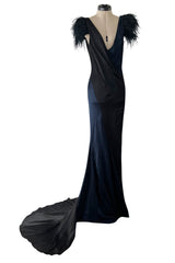 Resort 2008 Nina Ricci by Olivier Theyskens Runway Look 28 Bias Cut Blue & Black Dress w Feather Detailing & Train
