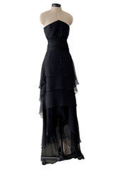1980s Chanel by Karl Lagerfeld Strapless Black Tiered Silk Chiffon Dress